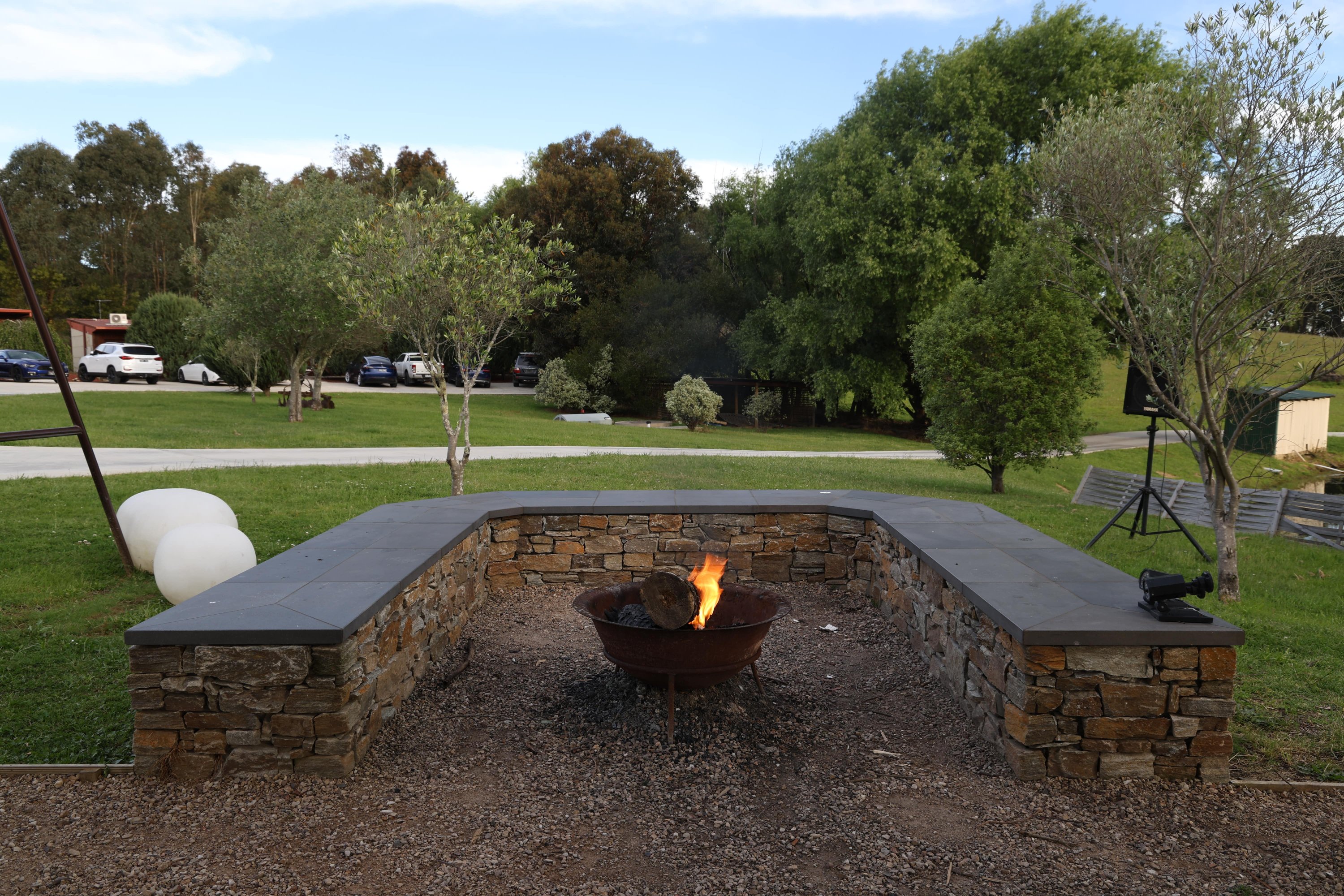 Fire pit lit at dusk
