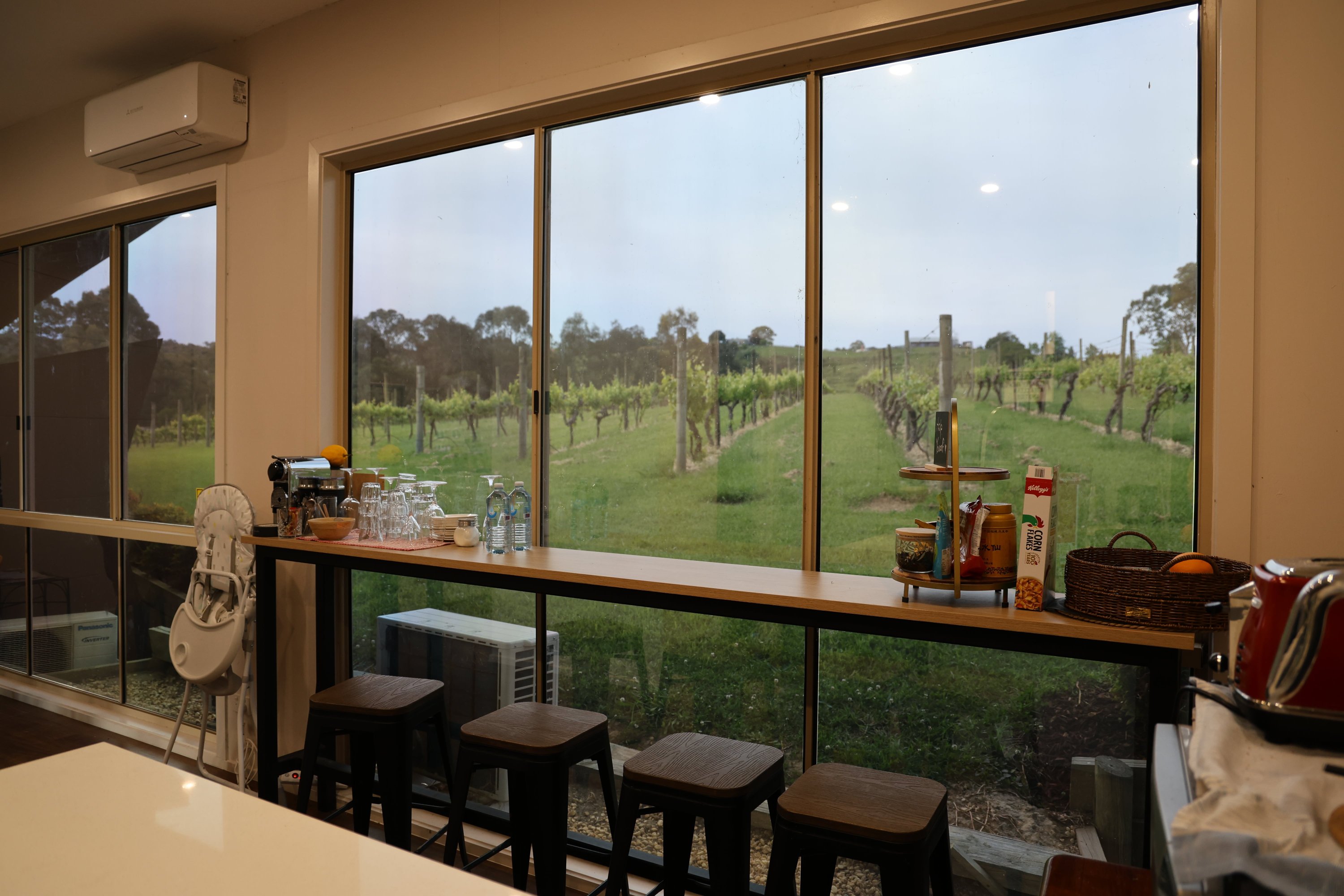 Shared kitchen and bar with vineyard views
